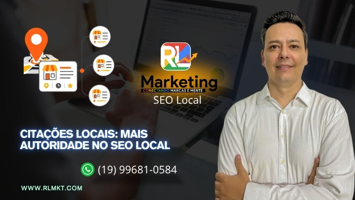Capa sobre citações locais e autoridade em SEO Local, com elementos de localização e presença em listagens digitais.