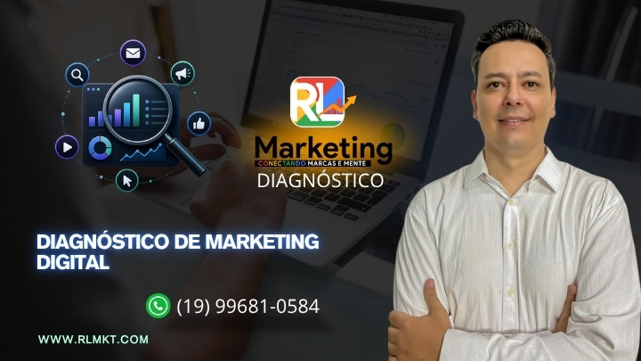 Capa sobre diagnóstico de marketing digital, com lupa, gráficos de desempenho e canais digitais conectados.