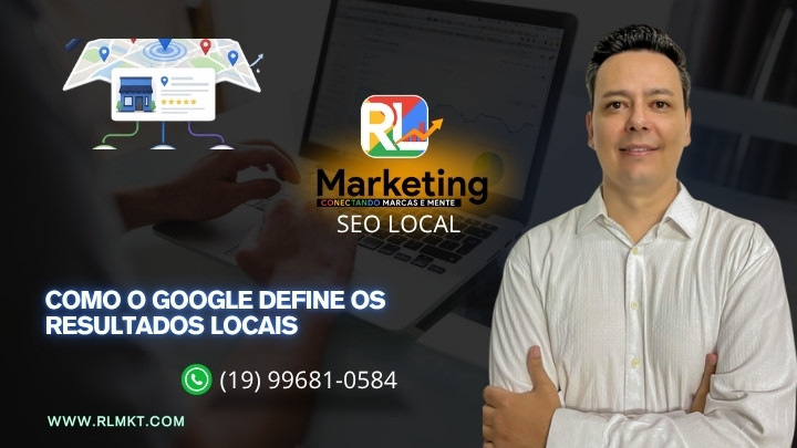 Capa sobre o algoritmo de busca local do Google, com mapa, pinos e sinais de relevância, distância e proeminência.